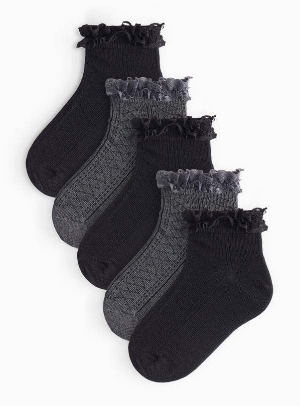 Black & Grey Lace Trim Socks 5 Pack 4-5.5